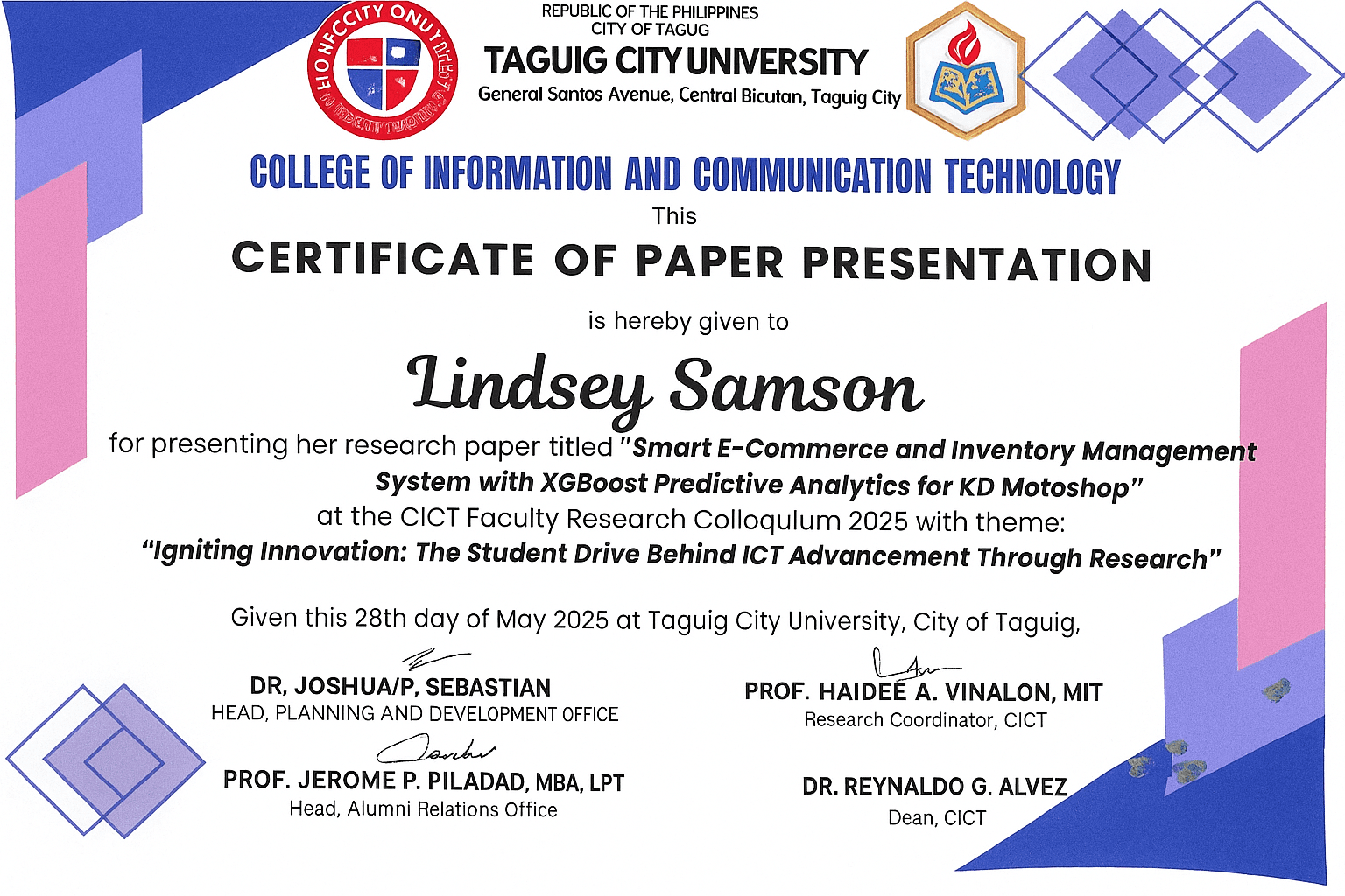 Certificate of Paper Presentation - Taguig City University